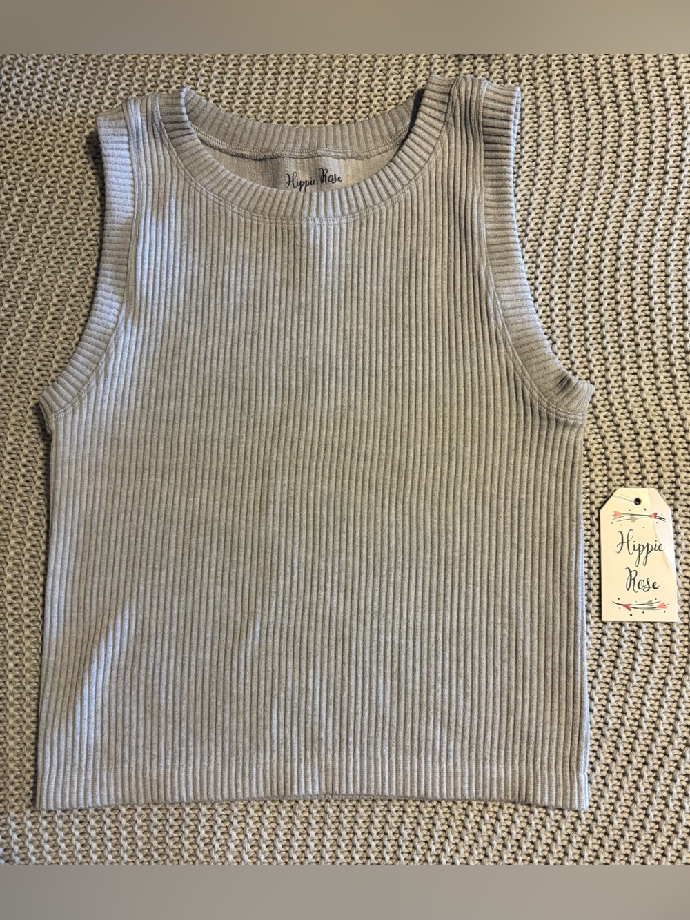Hippie Rose Ribbed Crewneck Tank Top - Light Gray